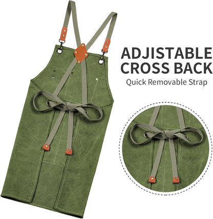 Chef Apron, Cotton Canvas Gardening Apron with Large Pockets for Men and Women,Kitchen Cooking Baking Bib Heavy Duty Adjustable Garden Apron