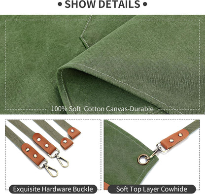 Chef Apron, Cotton Canvas Gardening Apron with Large Pockets for Men and Women,Kitchen Cooking Baking Bib Heavy Duty Adjustable Garden Apron
