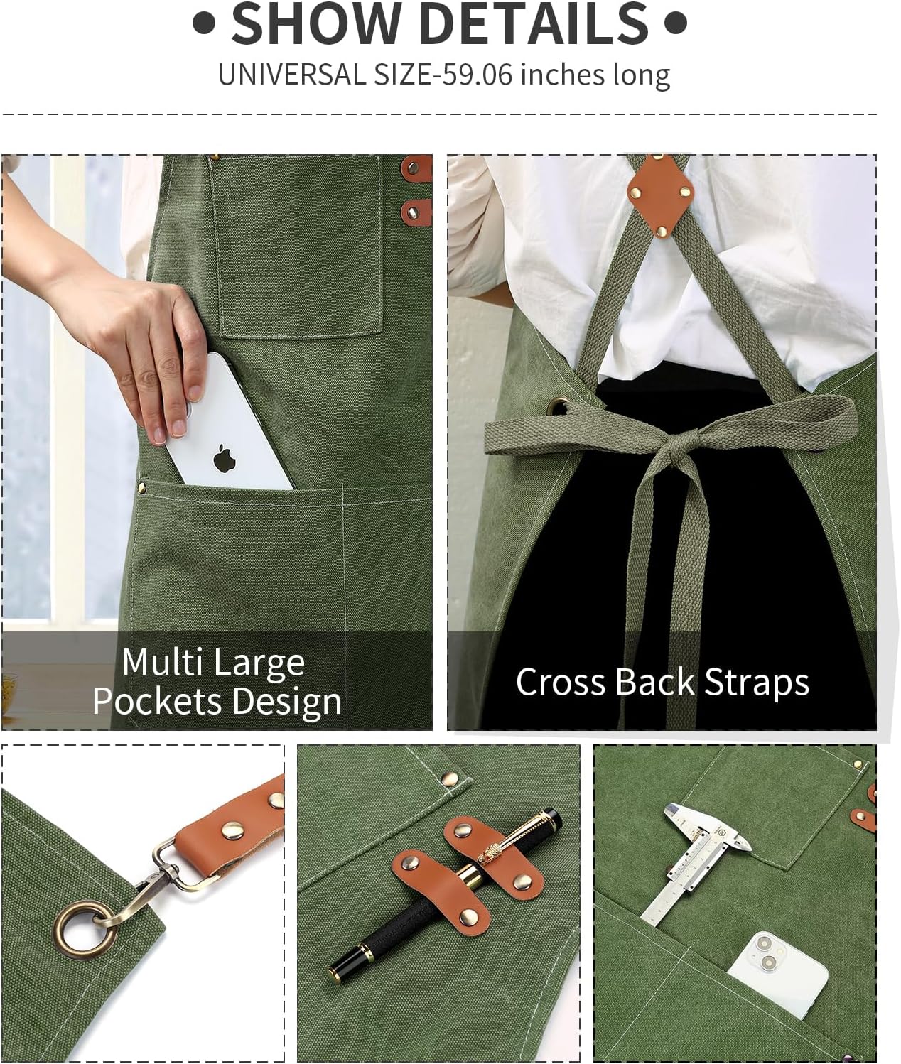Chef Apron, Cotton Canvas Gardening Apron with Large Pockets for Men and Women,Kitchen Cooking Baking Bib Heavy Duty Adjustable Garden Apron