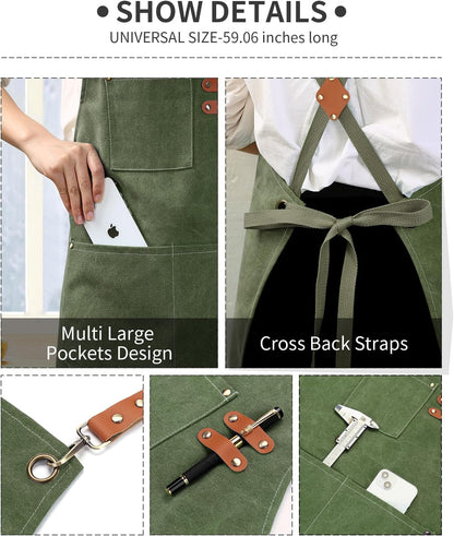 Chef Apron, Cotton Canvas Gardening Apron with Large Pockets for Men and Women,Kitchen Cooking Baking Bib Heavy Duty Adjustable Garden Apron