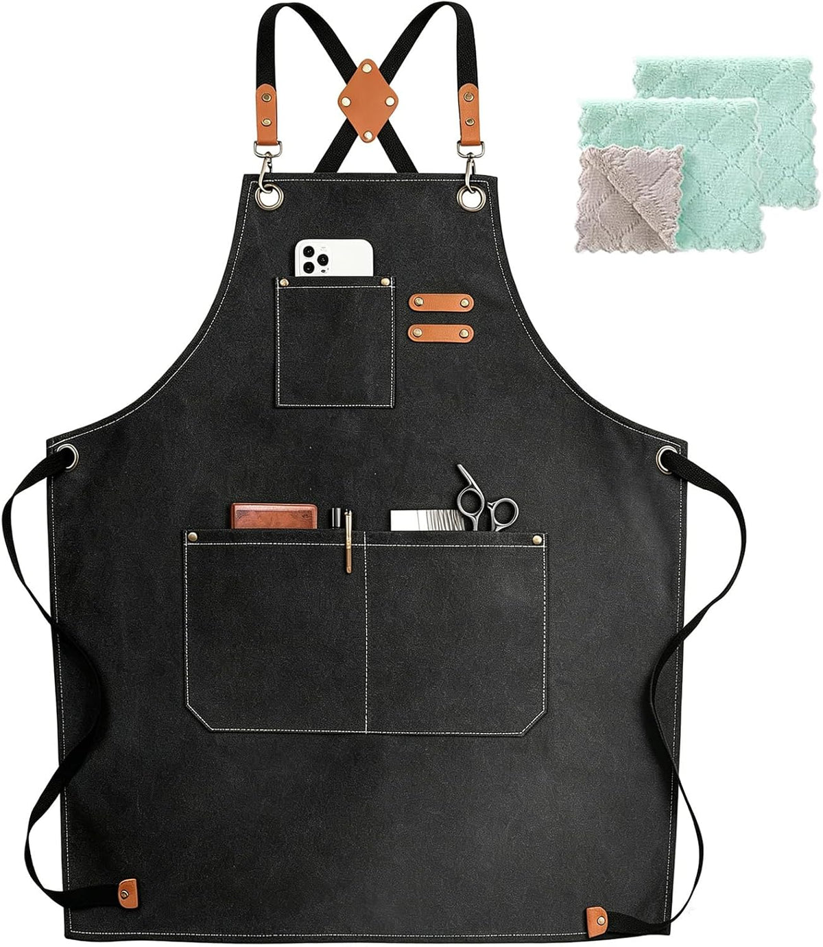 Chef Apron, Cotton Canvas Gardening Apron with Large Pockets for Men and Women,Kitchen Cooking Baking Bib Heavy Duty Adjustable Garden Apron
