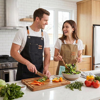 Chef Apron, Cotton Canvas Gardening Apron with Large Pockets for Men and Women,Kitchen Cooking Baking Bib Heavy Duty Adjustable Garden Apron