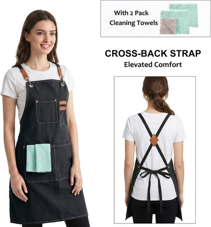 Chef Apron, Cotton Canvas Gardening Apron with Large Pockets for Men and Women,Kitchen Cooking Baking Bib Heavy Duty Adjustable Garden Apron