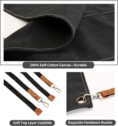 Chef Apron, Cotton Canvas Gardening Apron with Large Pockets for Men and Women,Kitchen Cooking Baking Bib Heavy Duty Adjustable Garden Apron