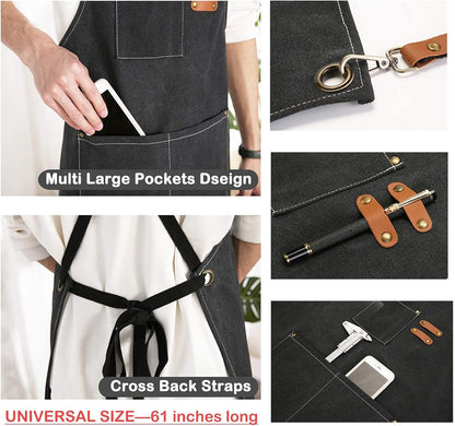 Chef Apron, Cotton Canvas Gardening Apron with Large Pockets for Men and Women,Kitchen Cooking Baking Bib Heavy Duty Adjustable Garden Apron