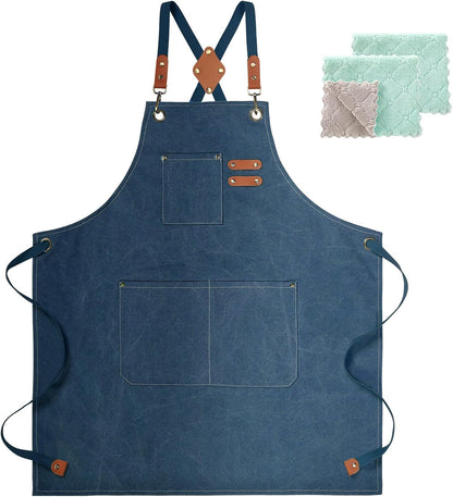 Chef Apron, Cotton Canvas Gardening Apron with Large Pockets for Men and Women,Kitchen Cooking Baking Bib Heavy Duty Adjustable Garden Apron