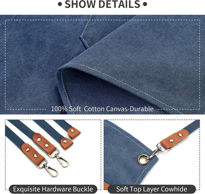 Chef Apron, Cotton Canvas Gardening Apron with Large Pockets for Men and Women,Kitchen Cooking Baking Bib Heavy Duty Adjustable Garden Apron