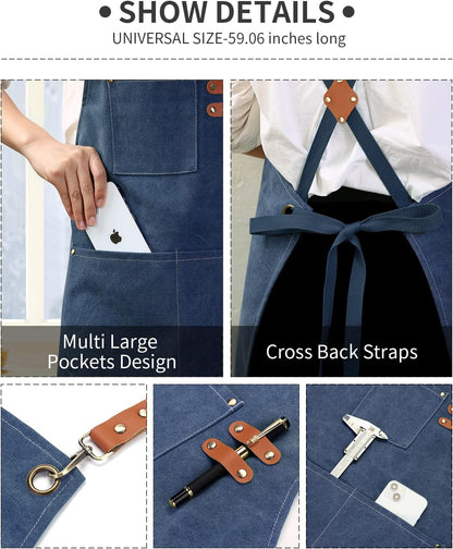 Chef Apron, Cotton Canvas Gardening Apron with Large Pockets for Men and Women,Kitchen Cooking Baking Bib Heavy Duty Adjustable Garden Apron