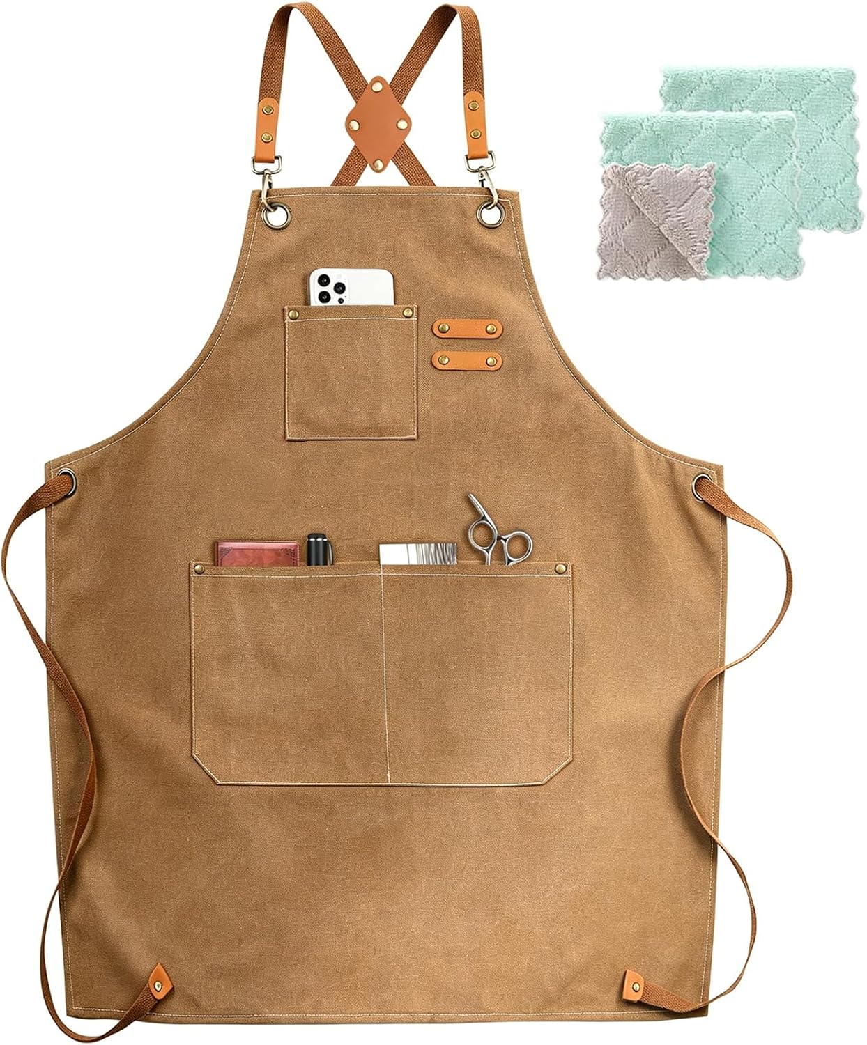 Chef Apron, Cotton Canvas Gardening Apron with Large Pockets for Men and Women,Kitchen Cooking Baking Bib Heavy Duty Adjustable Garden Apron