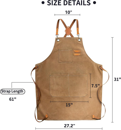 Chef Apron, Cotton Canvas Gardening Apron with Large Pockets for Men and Women,Kitchen Cooking Baking Bib Heavy Duty Adjustable Garden Apron