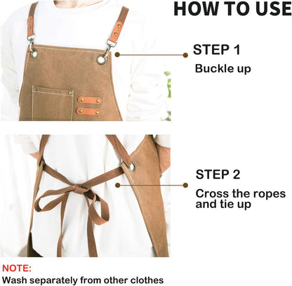 Chef Apron, Cotton Canvas Gardening Apron with Large Pockets for Men and Women,Kitchen Cooking Baking Bib Heavy Duty Adjustable Garden Apron