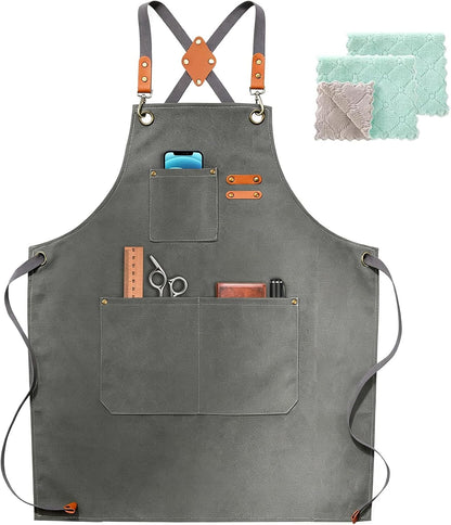 Chef Apron, Cotton Canvas Gardening Apron with Large Pockets for Men and Women,Kitchen Cooking Baking Bib Heavy Duty Adjustable Garden Apron