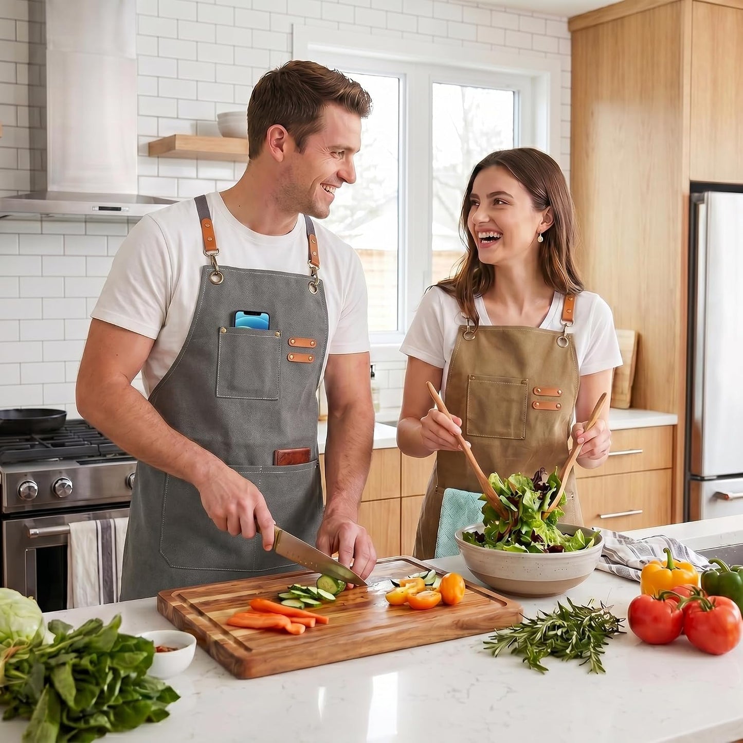 Chef Apron, Cotton Canvas Gardening Apron with Large Pockets for Men and Women,Kitchen Cooking Baking Bib Heavy Duty Adjustable Garden Apron