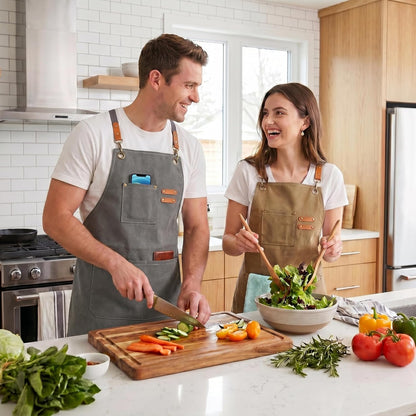 Chef Apron, Cotton Canvas Gardening Apron with Large Pockets for Men and Women,Kitchen Cooking Baking Bib Heavy Duty Adjustable Garden Apron