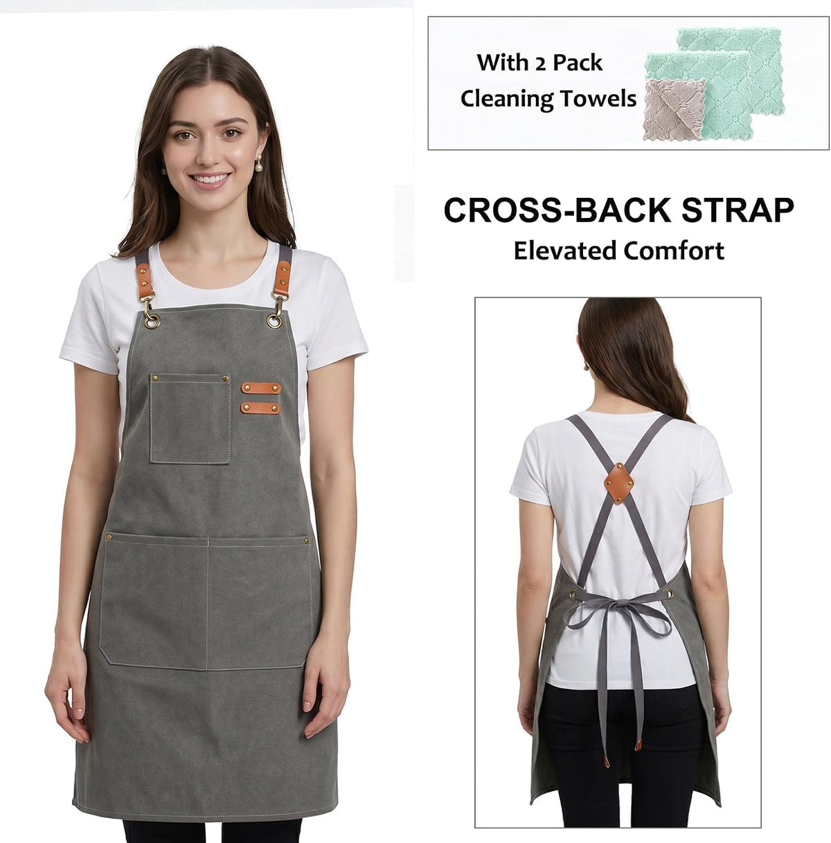 Chef Apron, Cotton Canvas Gardening Apron with Large Pockets for Men and Women,Kitchen Cooking Baking Bib Heavy Duty Adjustable Garden Apron