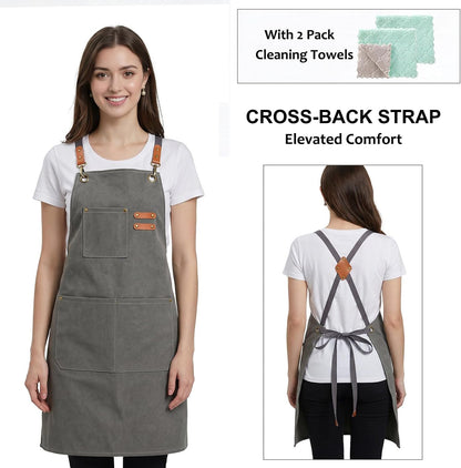 Chef Apron, Cotton Canvas Gardening Apron with Large Pockets for Men and Women,Kitchen Cooking Baking Bib Heavy Duty Adjustable Garden Apron