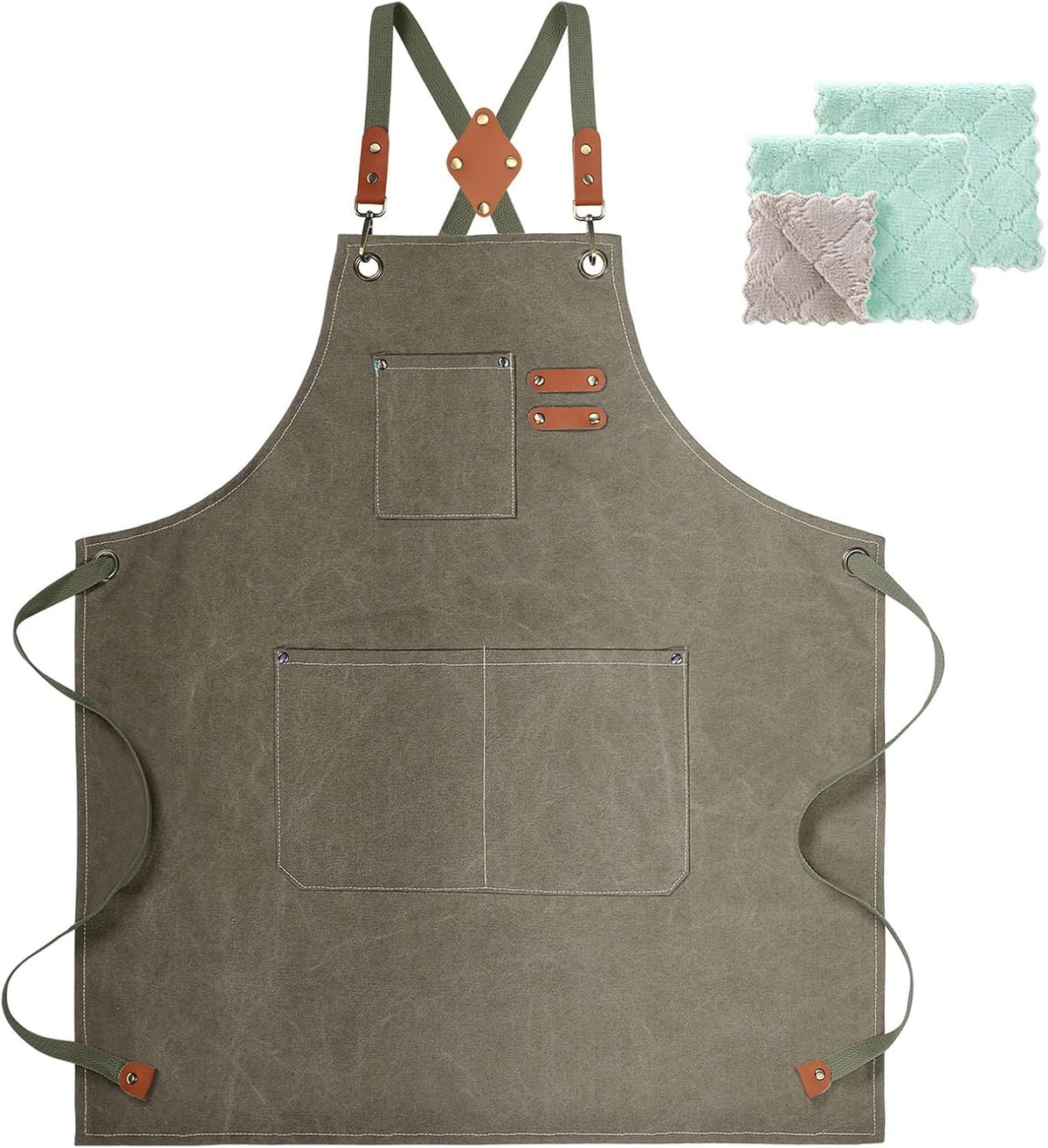 Chef Apron, Cotton Canvas Gardening Apron with Large Pockets for Men and Women,Kitchen Cooking Baking Bib Heavy Duty Adjustable Garden Apron