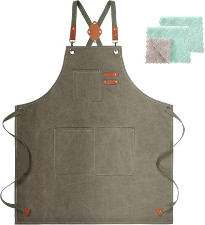 Chef Apron, Cotton Canvas Gardening Apron with Large Pockets for Men and Women,Kitchen Cooking Baking Bib Heavy Duty Adjustable Garden Apron