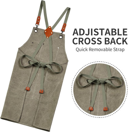 Chef Apron, Cotton Canvas Gardening Apron with Large Pockets for Men and Women,Kitchen Cooking Baking Bib Heavy Duty Adjustable Garden Apron