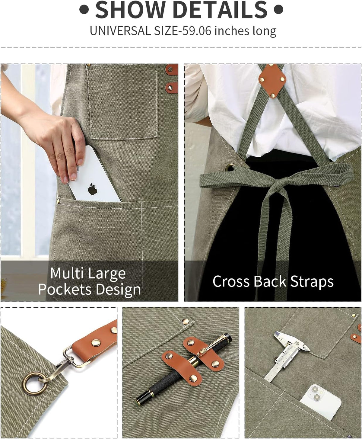 Chef Apron, Cotton Canvas Gardening Apron with Large Pockets for Men and Women,Kitchen Cooking Baking Bib Heavy Duty Adjustable Garden Apron