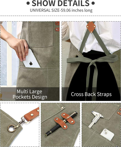 Chef Apron, Cotton Canvas Gardening Apron with Large Pockets for Men and Women,Kitchen Cooking Baking Bib Heavy Duty Adjustable Garden Apron