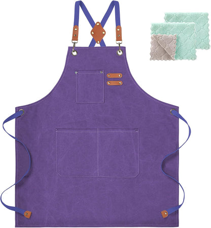 Chef Apron, Cotton Canvas Gardening Apron with Large Pockets for Men and Women,Kitchen Cooking Baking Bib Heavy Duty Adjustable Garden Apron