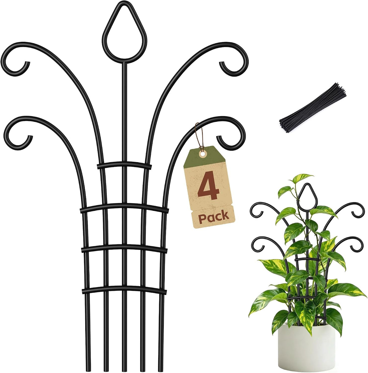 4 Pack Small Plant Trellis for Potted Plants, Metal Climbing Plant Support