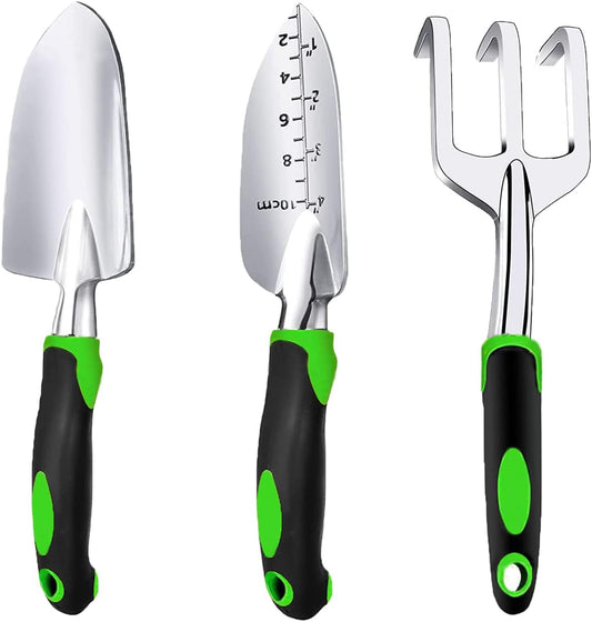 Garden Tool Set, 3 Piece Gardening Tools Includes Garden Trowel, Transplant Trowel and Hand Rake with Non-Slip Ergonomic Handle, Heavy Duty Gardening Kit for Gardening Planting, Gardening Gifts, Green