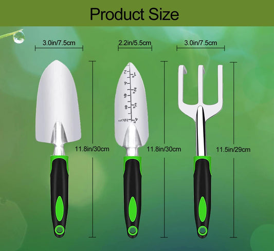 Garden Tool Set, 3 Piece Gardening Tools Includes Garden Trowel, Transplant Trowel and Hand Rake with Non-Slip Ergonomic Handle, Heavy Duty Gardening Kit for Gardening Planting, Gardening Gifts, Green