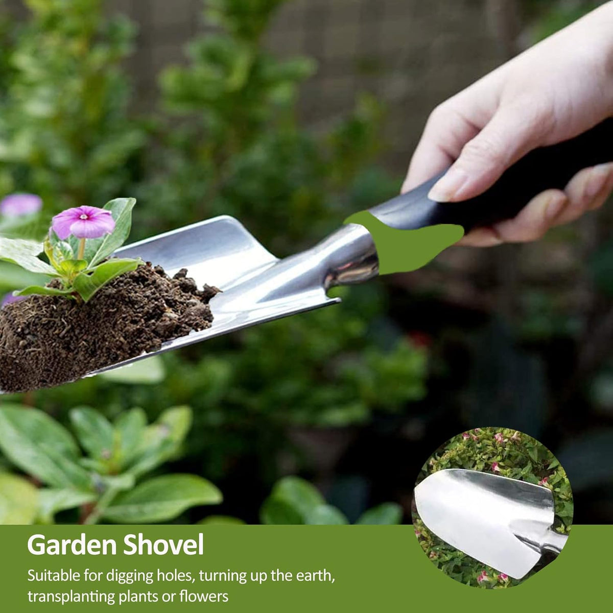 Garden Tool Set, 3 Piece Gardening Tools Includes Garden Trowel, Transplant Trowel and Hand Rake with Non-Slip Ergonomic Handle, Heavy Duty Gardening Kit for Gardening Planting, Gardening Gifts, Green