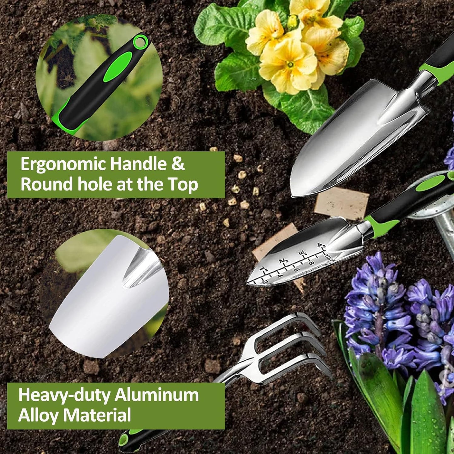 Garden Tool Set, 3 Piece Gardening Tools Includes Garden Trowel, Transplant Trowel and Hand Rake with Non-Slip Ergonomic Handle, Heavy Duty Gardening Kit for Gardening Planting, Gardening Gifts, Green