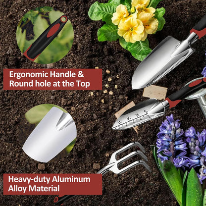 Garden Tool Set, 3 Piece Gardening Tools Includes Garden Trowel, Transplant Trowel and Hand Rake with Non-Slip Ergonomic Handle, Heavy Duty Gardening Kit for Gardening Planting, Gardening Gifts, Green