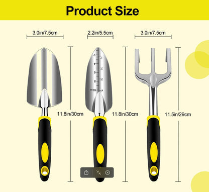 Garden Tool Set, 3 Piece Gardening Tools Includes Garden Trowel, Transplant Trowel and Hand Rake with Non-Slip Ergonomic Handle, Heavy Duty Gardening Kit for Gardening Planting, Gardening Gifts, Green