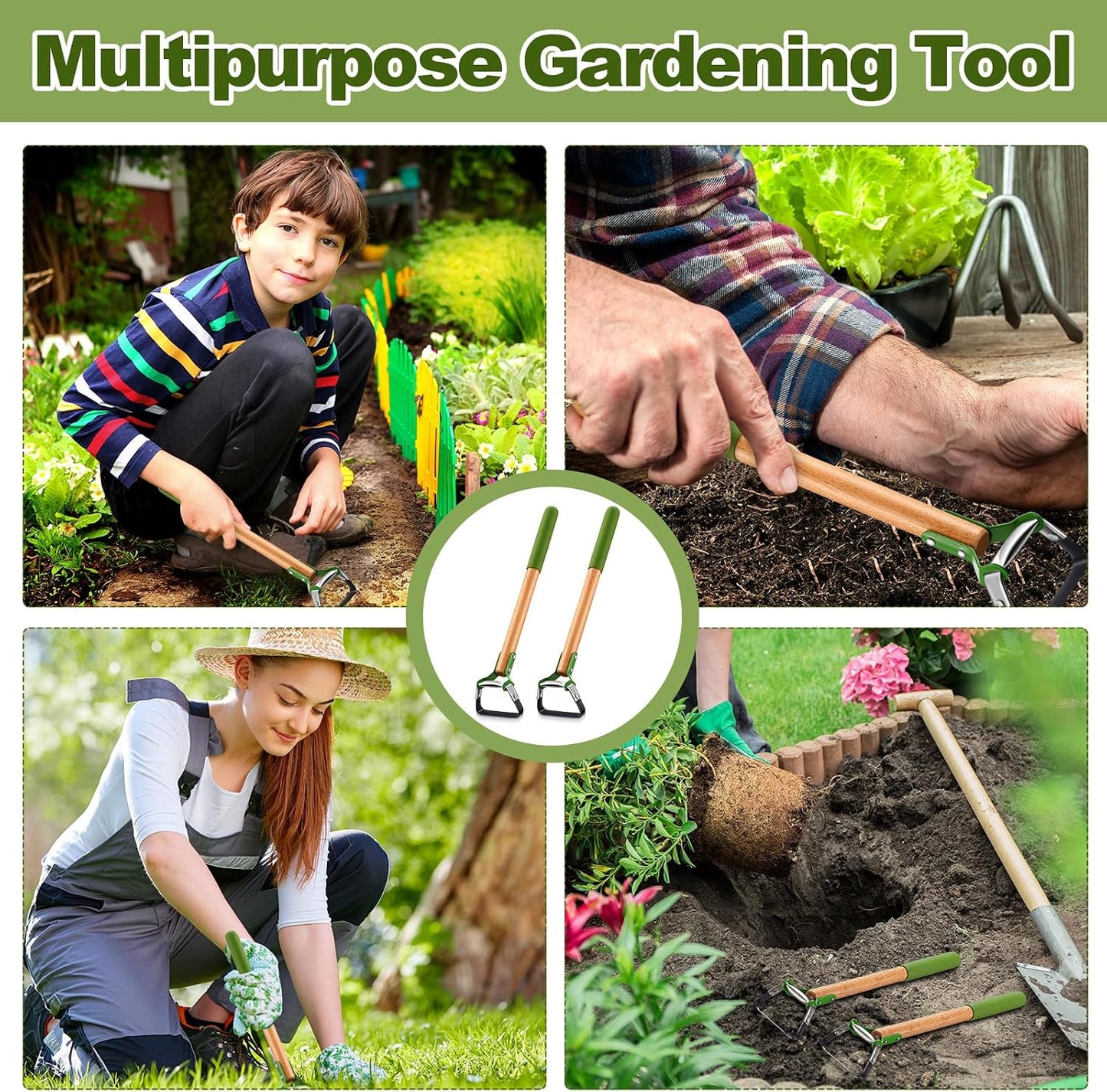 2 Pcs Mini Garden Hoes for Weeding Long Stirrup Hoe Tools Scuffle Garden Tool for Lawn Yard Weeding Gardening (Wood Handle)
