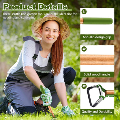 2 Pcs Mini Garden Hoes for Weeding Long Stirrup Hoe Tools Scuffle Garden Tool for Lawn Yard Weeding Gardening (Wood Handle)