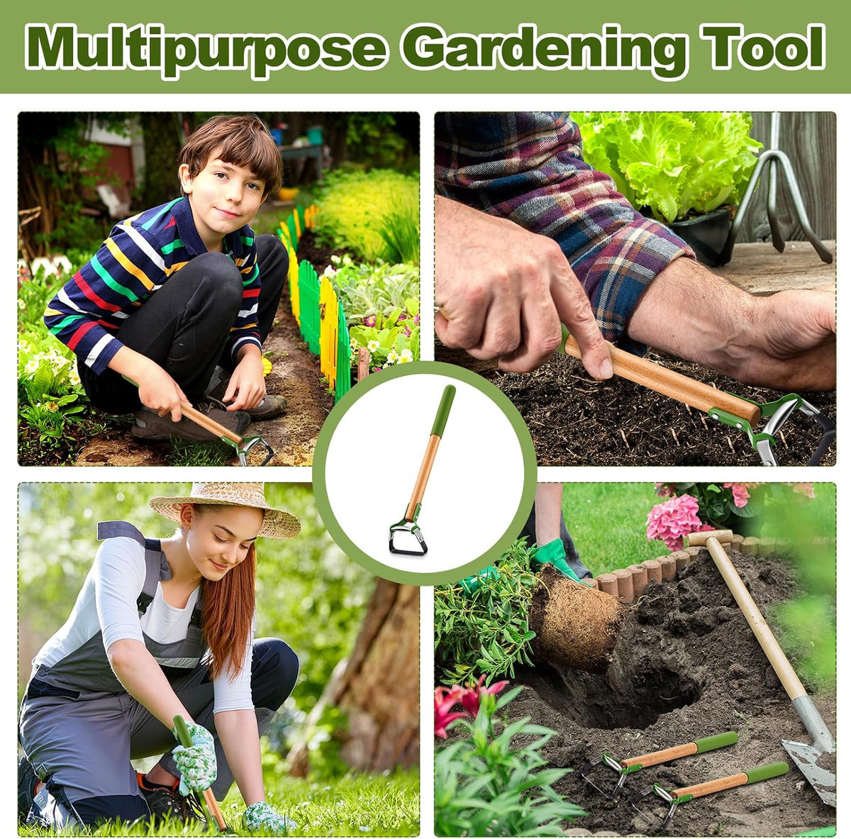 2 Pcs Mini Garden Hoes for Weeding Long Stirrup Hoe Tools Scuffle Garden Tool for Lawn Yard Weeding Gardening (Wood Handle)