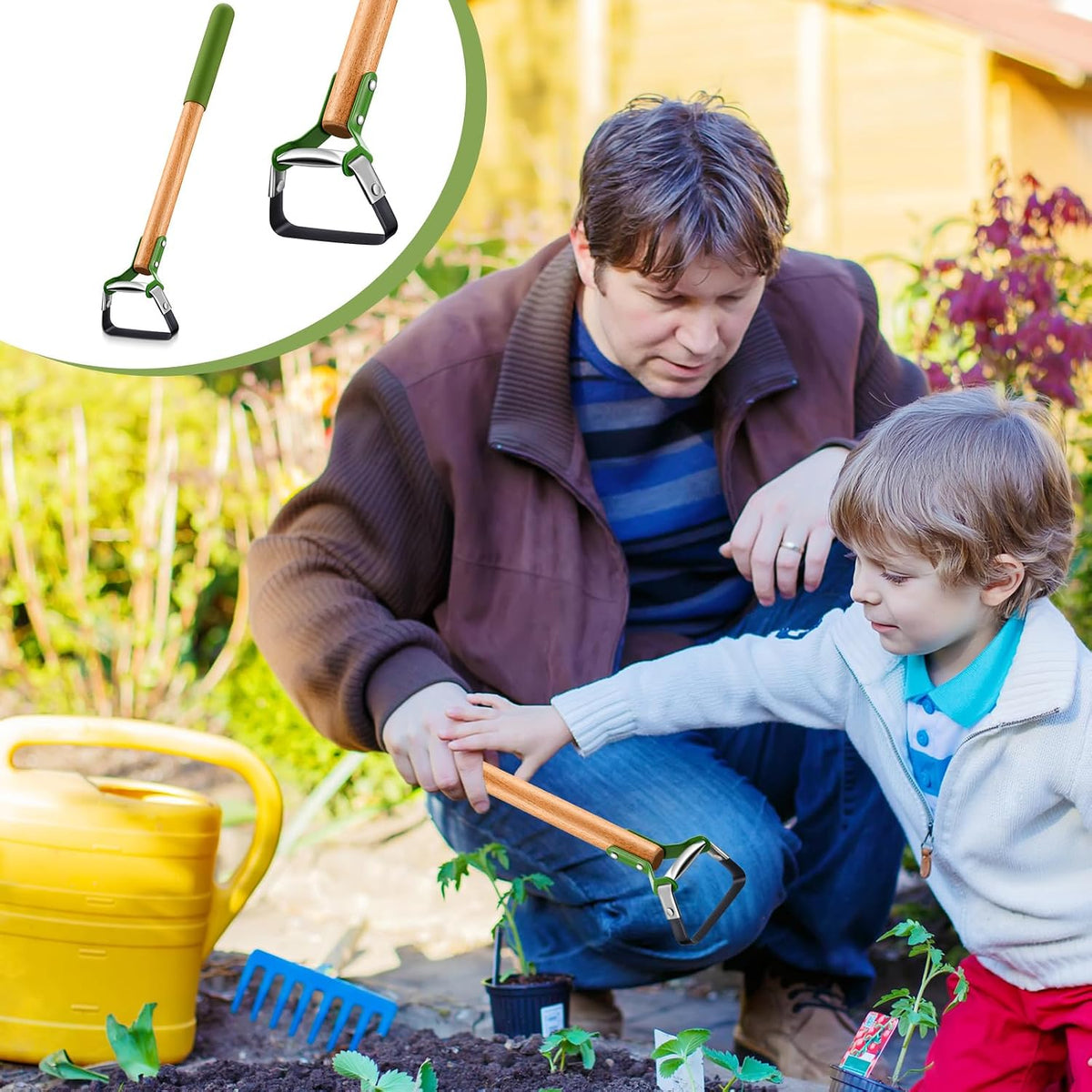 2 Pcs Mini Garden Hoes for Weeding Long Stirrup Hoe Tools Scuffle Garden Tool for Lawn Yard Weeding Gardening (Wood Handle)