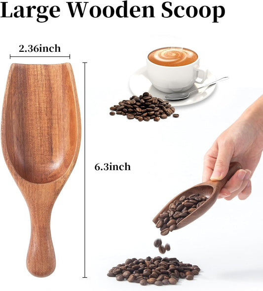 Large Wooden Scoop 1PCS - 6.3Inches Wood Scoop for Coffee Bean Sugar Tea Powder Bath Salt Laundry Detergent, Multipurpose Kitchen Flour Scoop for Big Jars Canisters