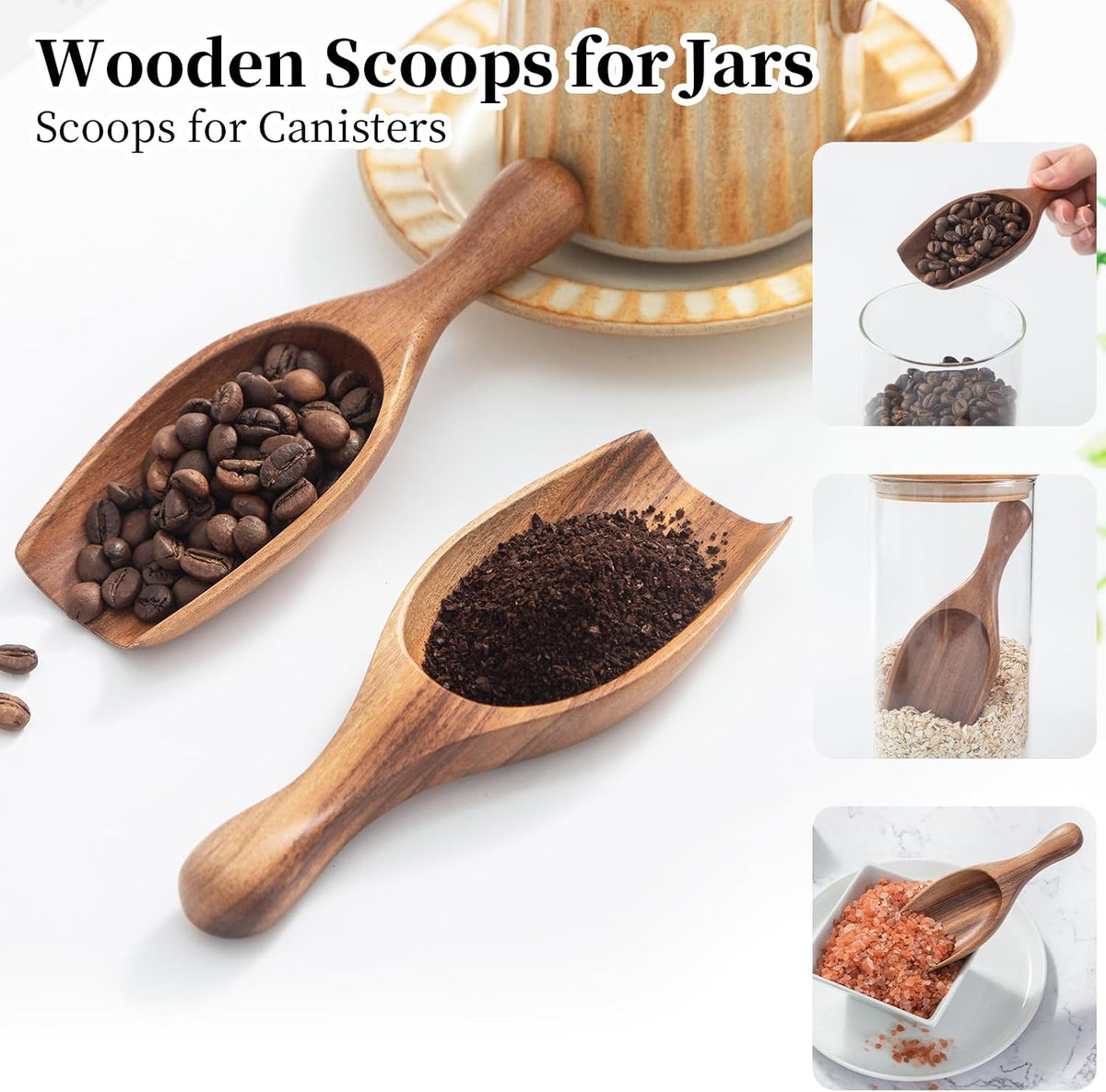 Large Wooden Scoop 1PCS - 6.3Inches Wood Scoop for Coffee Bean Sugar Tea Powder Bath Salt Laundry Detergent, Multipurpose Kitchen Flour Scoop for Big Jars Canisters