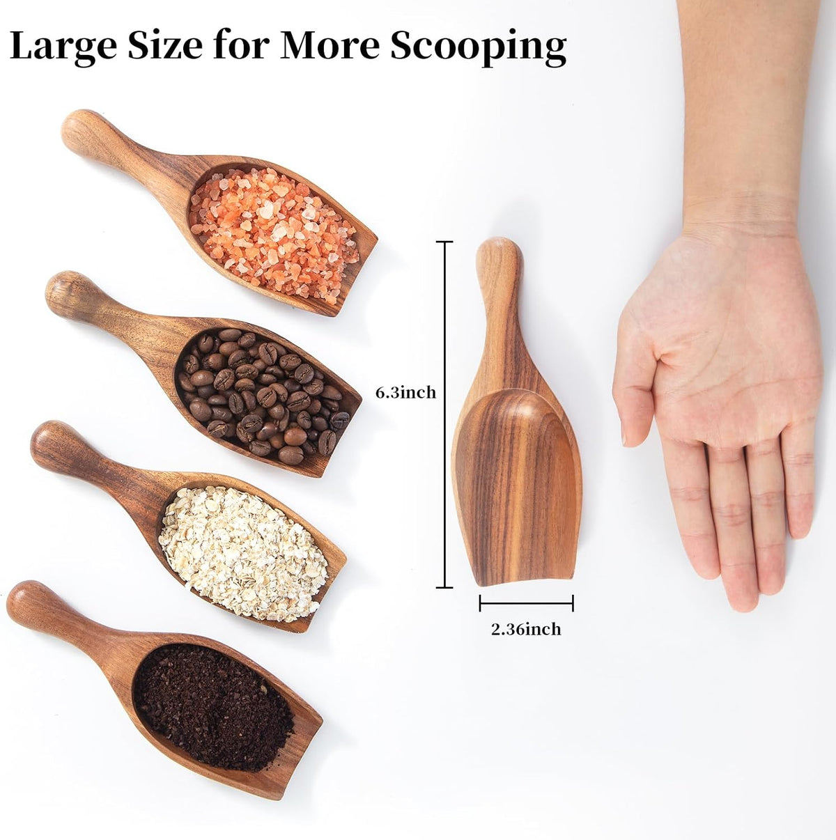 Large Wooden Scoop 1PCS - 6.3Inches Wood Scoop for Coffee Bean Sugar Tea Powder Bath Salt Laundry Detergent, Multipurpose Kitchen Flour Scoop for Big Jars Canisters