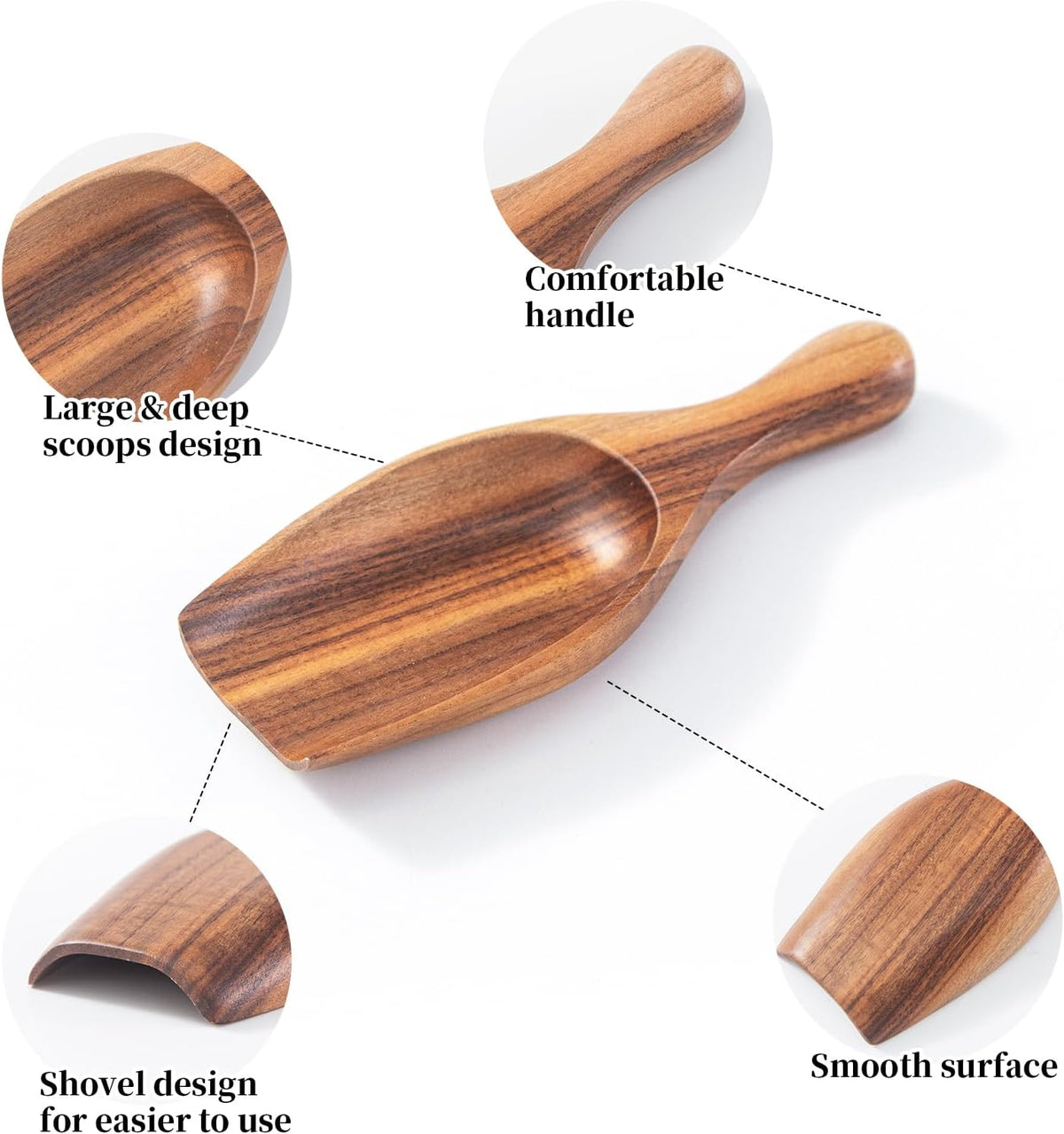 Large Wooden Scoop 1PCS - 6.3Inches Wood Scoop for Coffee Bean Sugar Tea Powder Bath Salt Laundry Detergent, Multipurpose Kitchen Flour Scoop for Big Jars Canisters