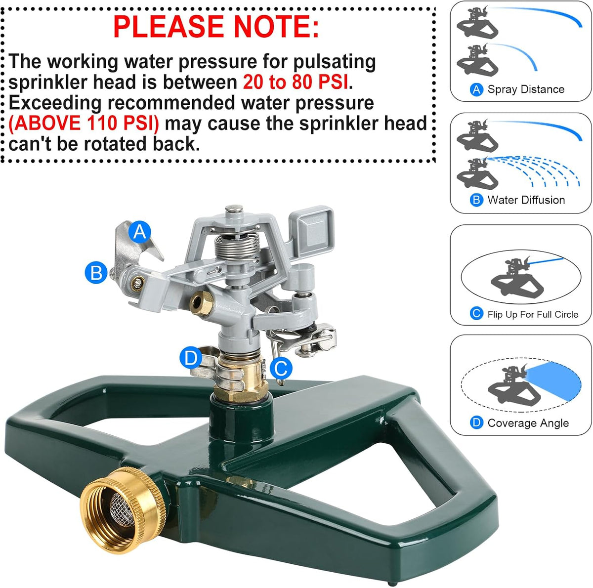 Heavy Duty Impact Pulsating Sprinkler for Yard, All Metal Adjustable Rotating Circular Impulse Lawn Sprinkler for Medium to Large Areas, Lawn and Garden, Coverage up to 5,800 Sq. Ft