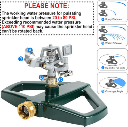 Heavy Duty Impact Pulsating Sprinkler for Yard, All Metal Adjustable Rotating Circular Impulse Lawn Sprinkler for Medium to Large Areas, Lawn and Garden, Coverage up to 5,800 Sq. Ft