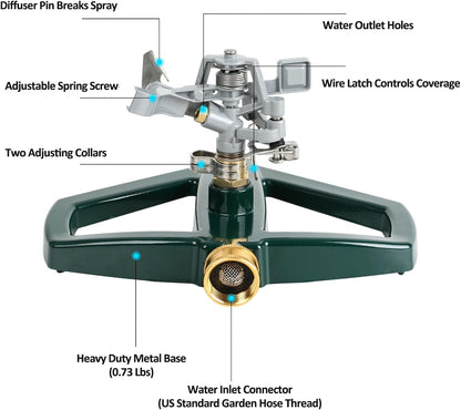 Heavy Duty Impact Pulsating Sprinkler for Yard, All Metal Adjustable Rotating Circular Impulse Lawn Sprinkler for Medium to Large Areas, Lawn and Garden, Coverage up to 5,800 Sq. Ft