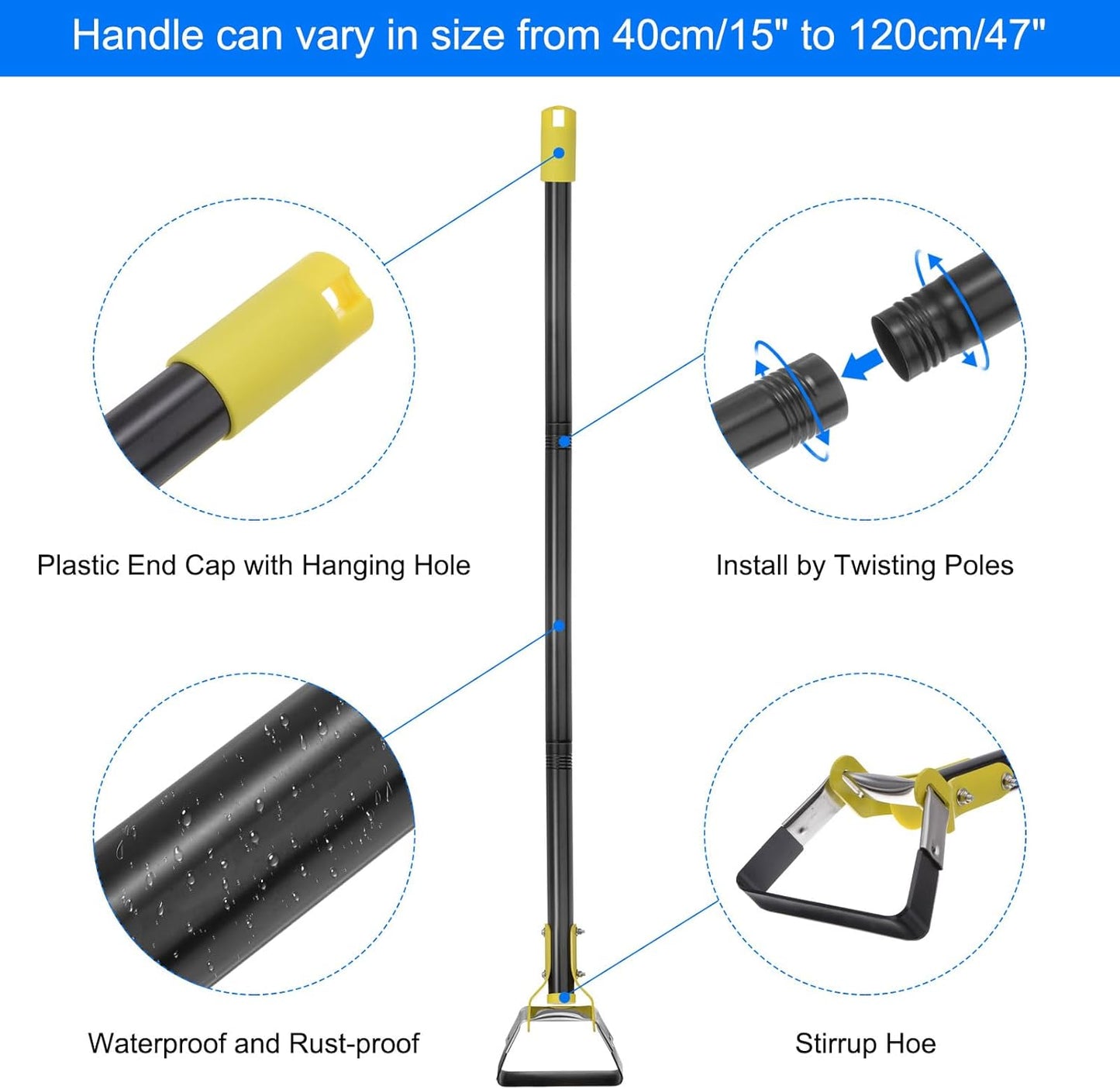 Hula Hoe Garden Tool 15-79 Inches Adjustable Loop Weeding Gardening Hoe Long Handle Hand Action Weed Tool for Garden Weeding Seeding, Black and Yellow