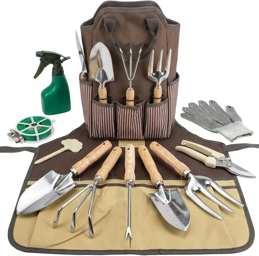 Garden Tool Set, 12 Pieces Heavy Duty Gardening Hand Tools with Garden Tools Organizer Handbag, Apron, Rust-Proof Stainless Steel Gardening Kit, Wood Handle, Ideal Garden Gifts for Women Men