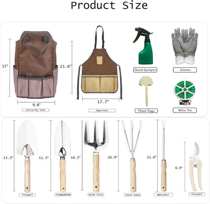 Garden Tool Set, 12 Pieces Heavy Duty Gardening Hand Tools with Garden Tools Organizer Handbag, Apron, Rust-Proof Stainless Steel Gardening Kit, Wood Handle, Ideal Garden Gifts for Women Men