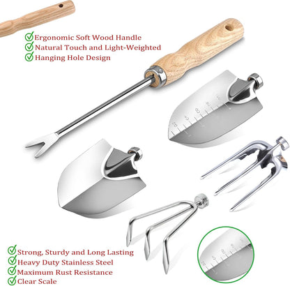 Garden Tool Set, 12 Pieces Heavy Duty Gardening Hand Tools with Garden Tools Organizer Handbag, Apron, Rust-Proof Stainless Steel Gardening Kit, Wood Handle, Ideal Garden Gifts for Women Men