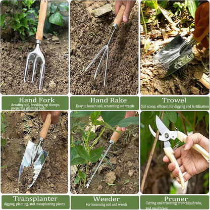 Garden Tool Set, 12 Pieces Heavy Duty Gardening Hand Tools with Garden Tools Organizer Handbag, Apron, Rust-Proof Stainless Steel Gardening Kit, Wood Handle, Ideal Garden Gifts for Women Men