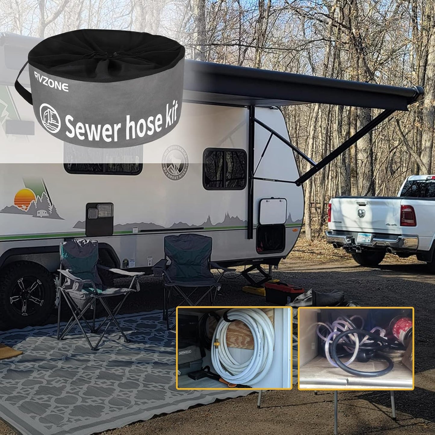 Gray Waterproof RV Hose Storage Bag for Sewer Water Hoses & Cords